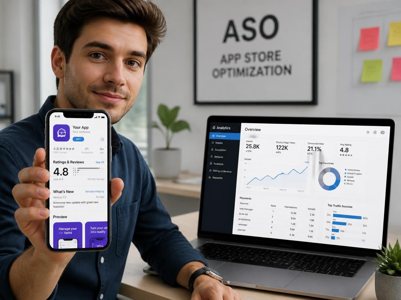 Marketer reviewing app store listing performance and install analytics