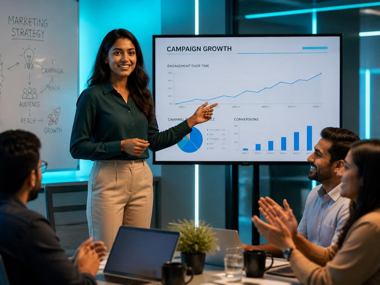 Graduate presenting campaign growth results to a marketing team