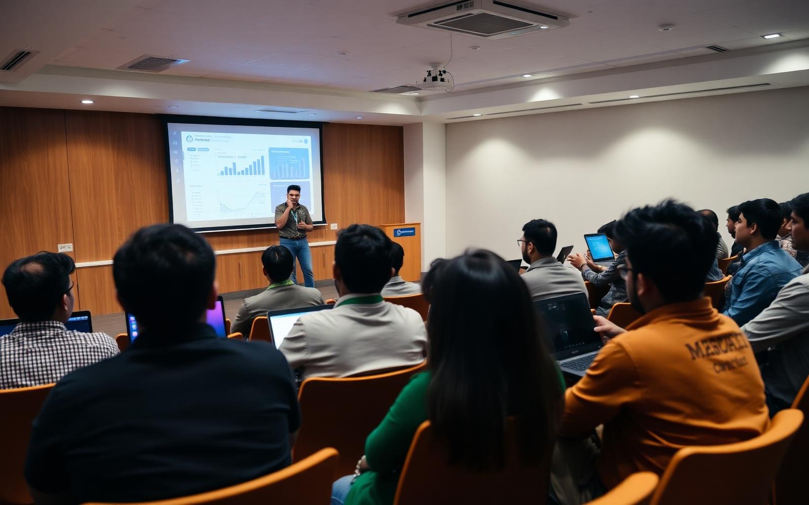 Fullstack Marketer workshop in a college seminar hall with students on laptops