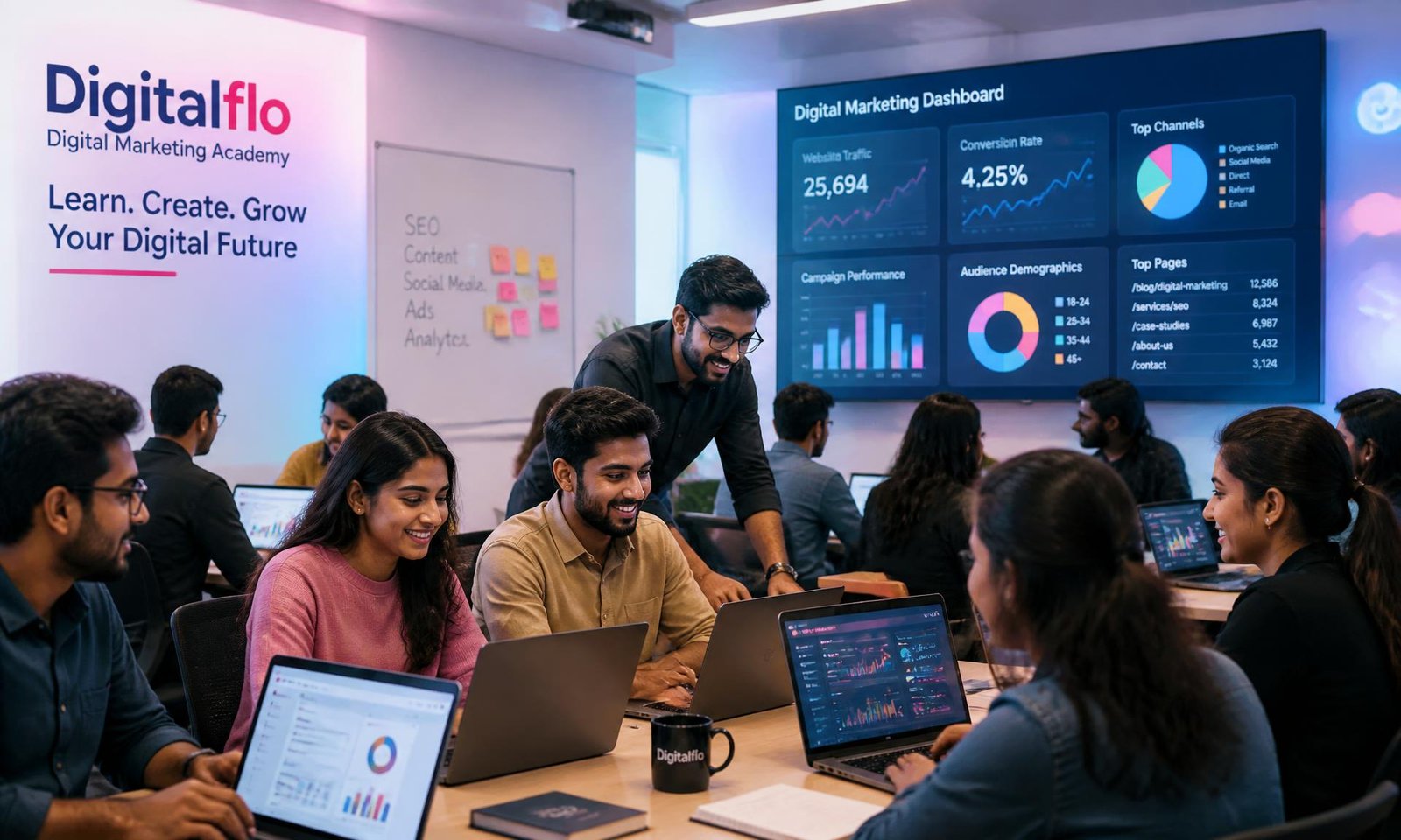 Students learning digital marketing on live dashboards in a Full Stack Marketer classroom