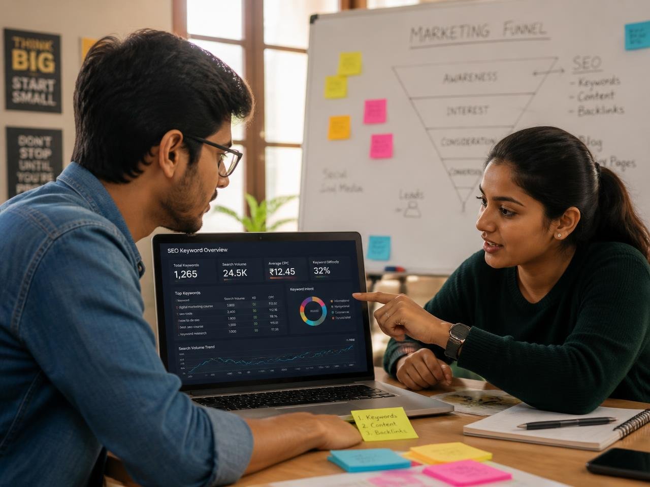 Two students reviewing an SEO keyword dashboard together
